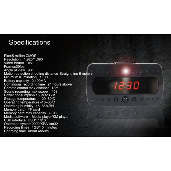 SVEGLIA OROLOGIO SPIA SPY CAMERA 1920x1080 FULL HD NIGHT VISION MOTION DETECTOR